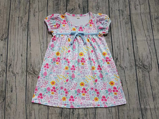 Preorder moq 5 Baby Girls Short Ruffle Sleeves Pink Lavender Floral Bow Knee Length Dresses