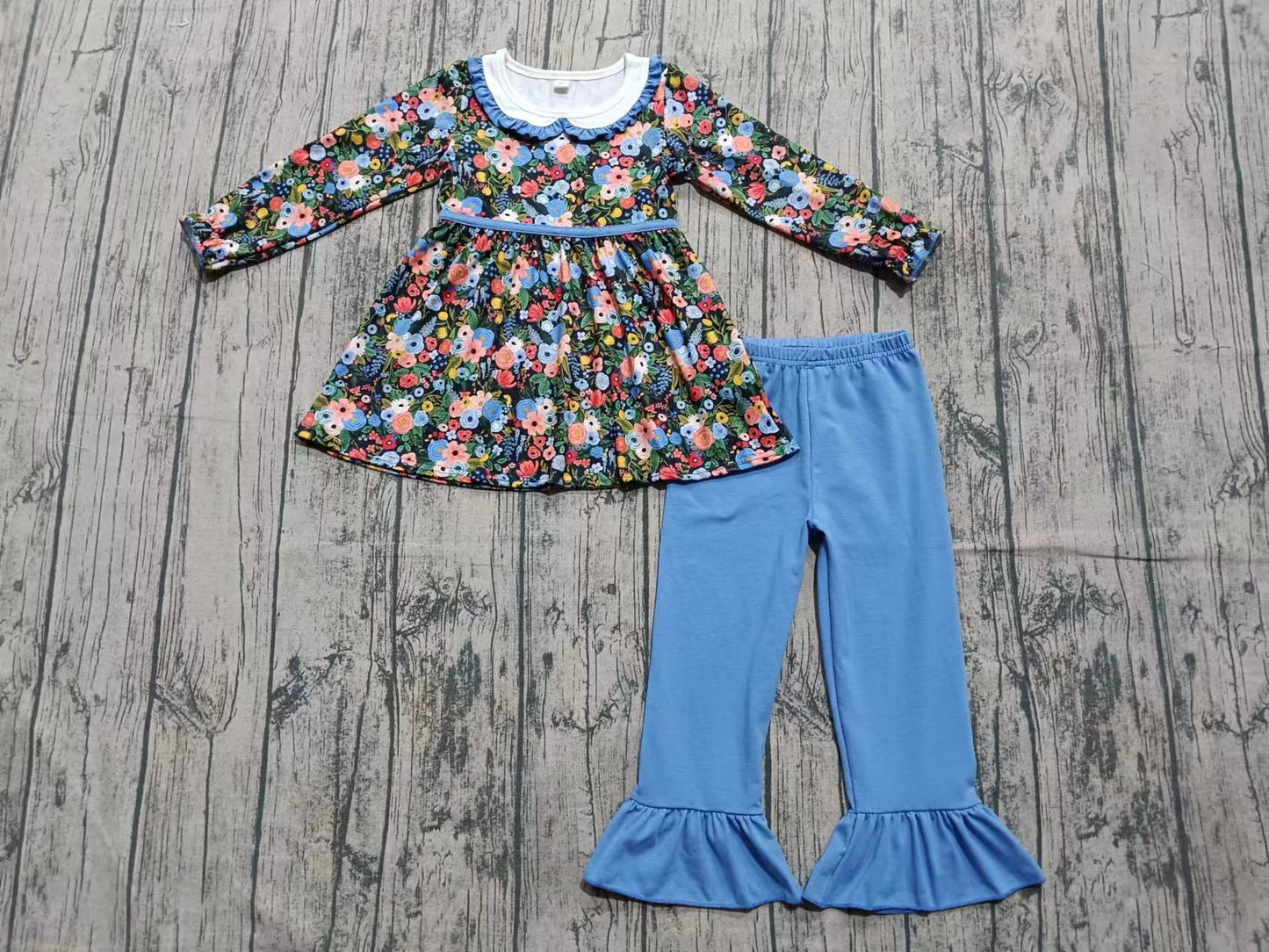 Preorder (moq 5)Baby Girls Blue Floral Top Ruffle Bottom Pants Clothes Sets