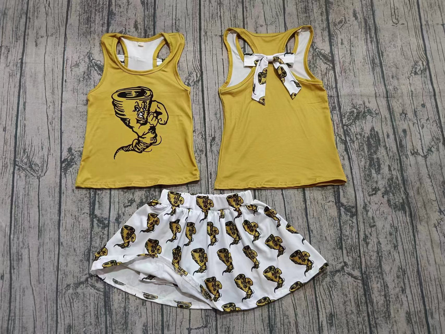 Preorder moq 5 Baby Girls Yellow Vests Top Plaid Skorts Team Set