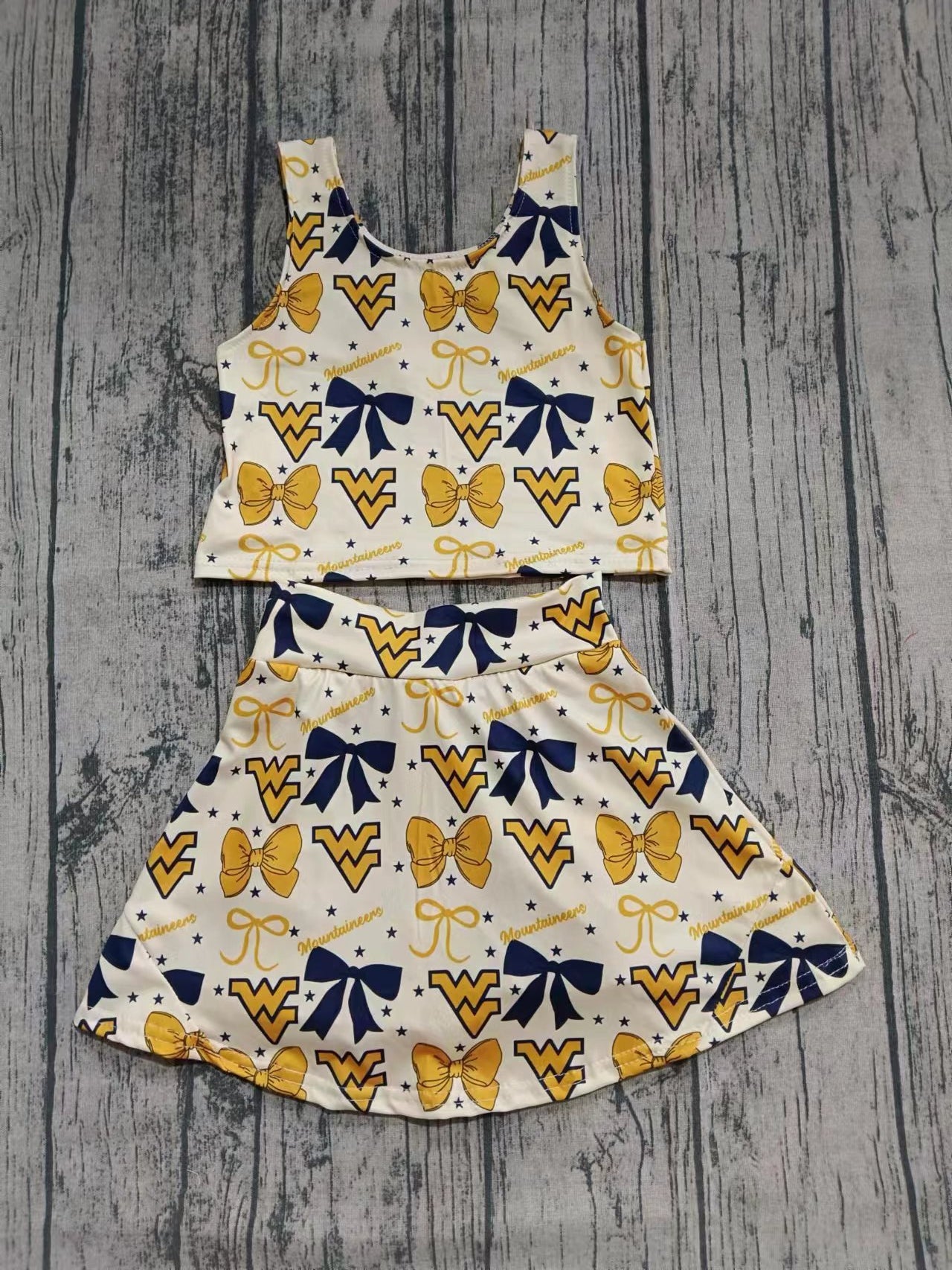 Preorder (moq 5)Baby Girls Sleeveless V Mountaineers Bows Cheer Team Top Skorts Sets