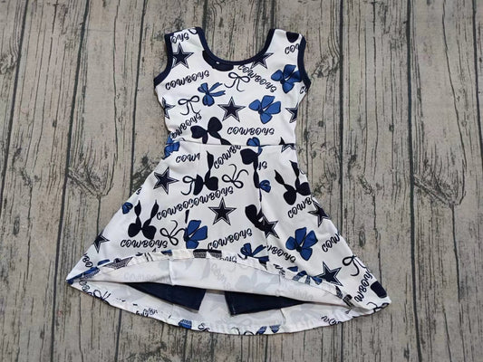 Preorder moq 5 Baby Girls Hot Blue Cowboys Bows Plaid Shorts Team Knee Length Dress