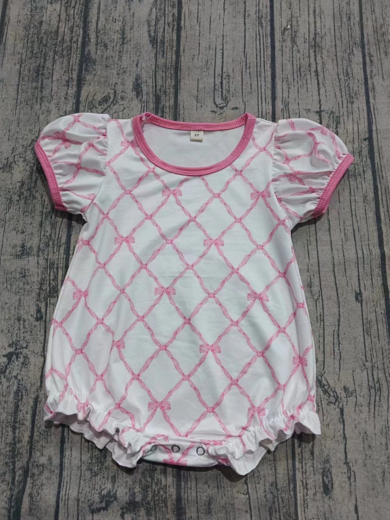 Preorder moq 5 Baby Girls Short Ruffle Sleeves Peach Bows Plaid Ruffle Rompers