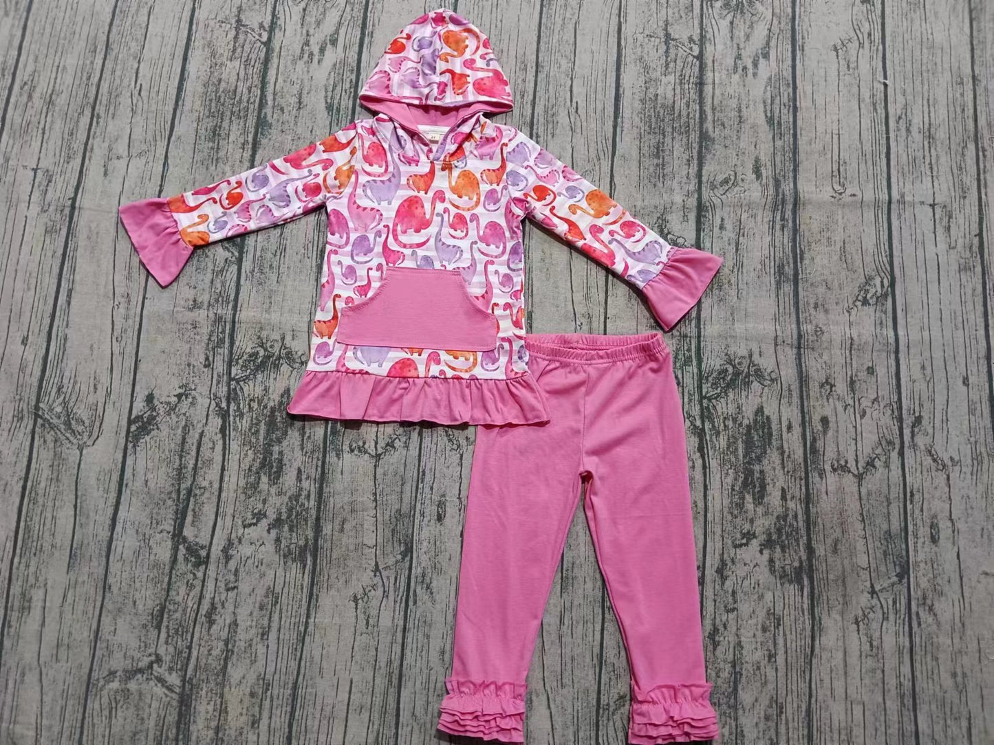 Preorder moq 5 Baby Girls Pink Dinosaurs Pocket Hoodies Top Ruffle Pant Set