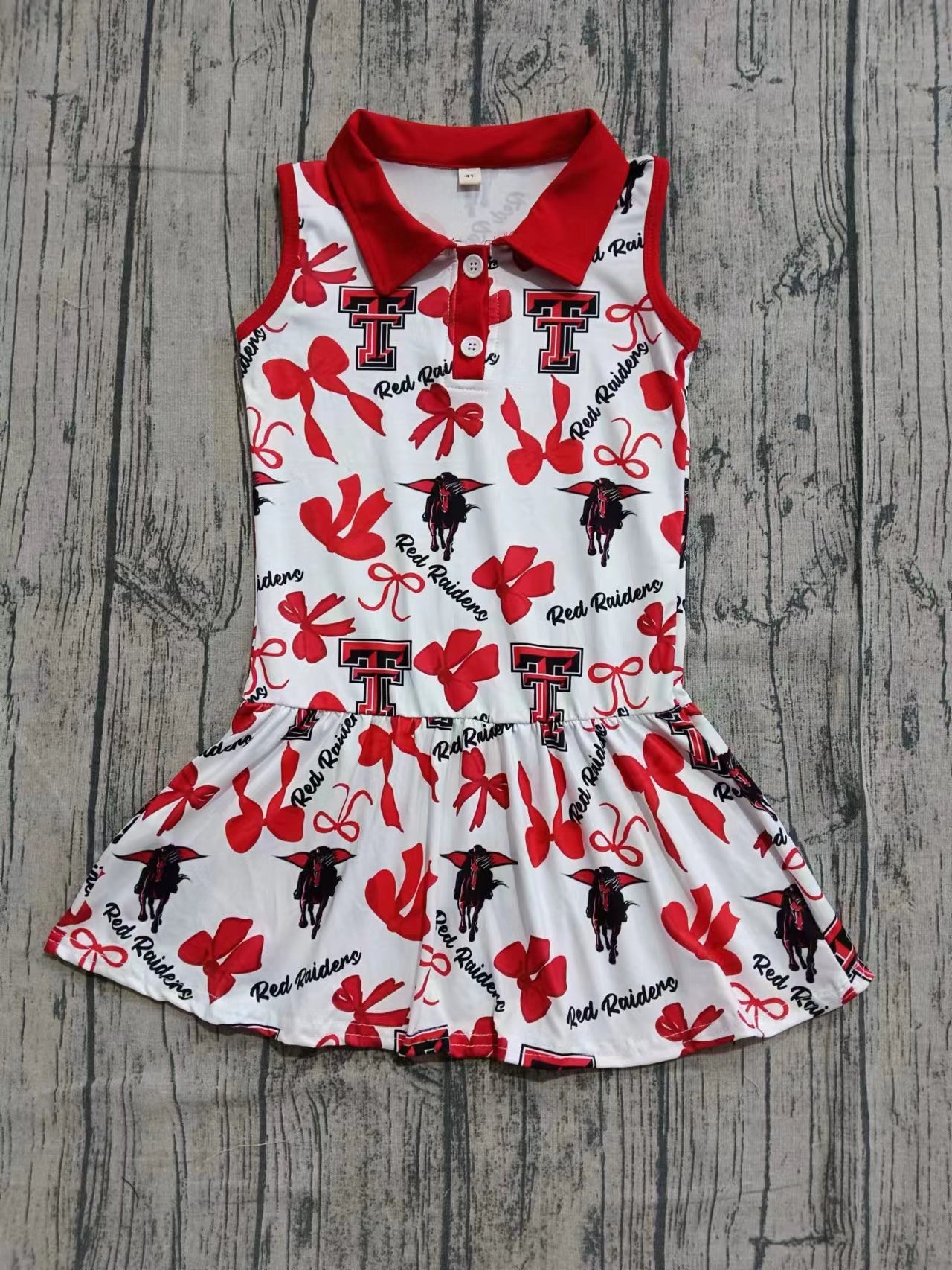 Preorder moq 5 Baby Girls Team Sleeveless Bows Plaid Red Raiders Button Knee Length Dresses