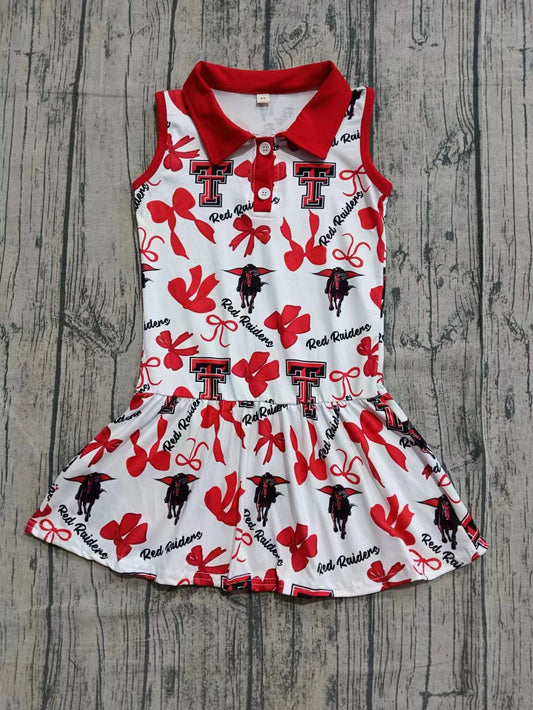 Preorder moq 5 Baby Girls Team Sleeveless Bows Plaid Red Raiders Button Knee Length Dresses
