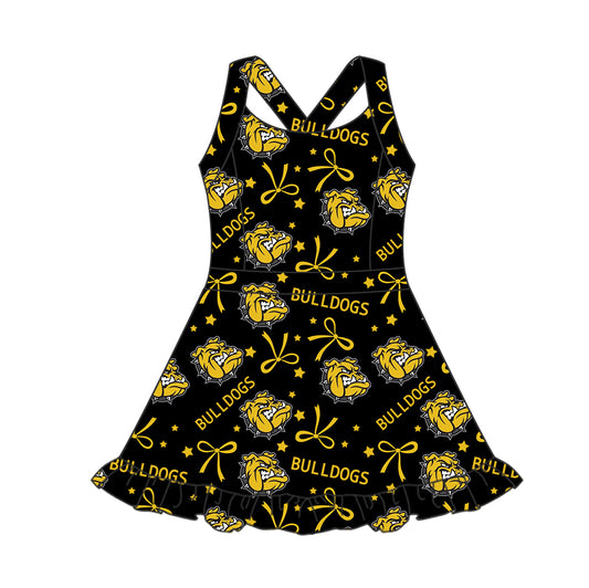 Preorder (moq 5)Baby Girls Straps Bulldog Team Short Knee Length Dresses