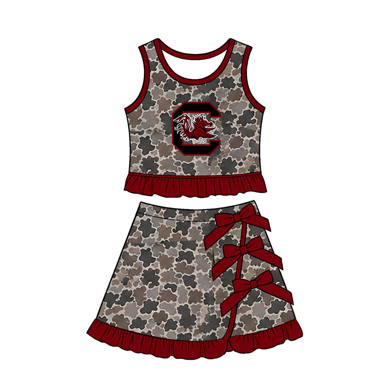 Preorder (moq 5) Baby Girls Gamecock Camouflage Vest Bows Skirt Short Team Clothes Sets