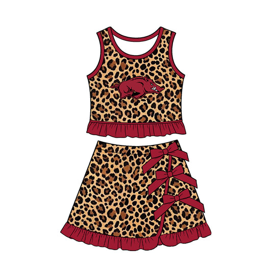 Preorder (moq 5) Baby Girls Arkansas Leopard Vest Bows Skirt Short Team Clothes Sets