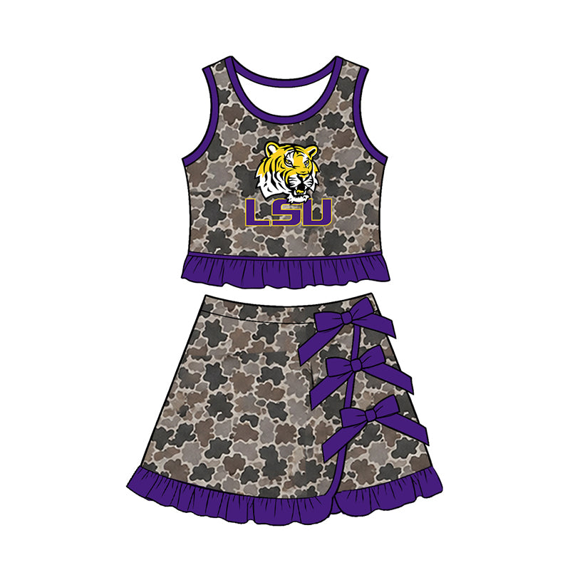 Preorder (moq 5) Baby Girls LSU Camouflage Vest Bows Skirt Short Team Clothes Sets