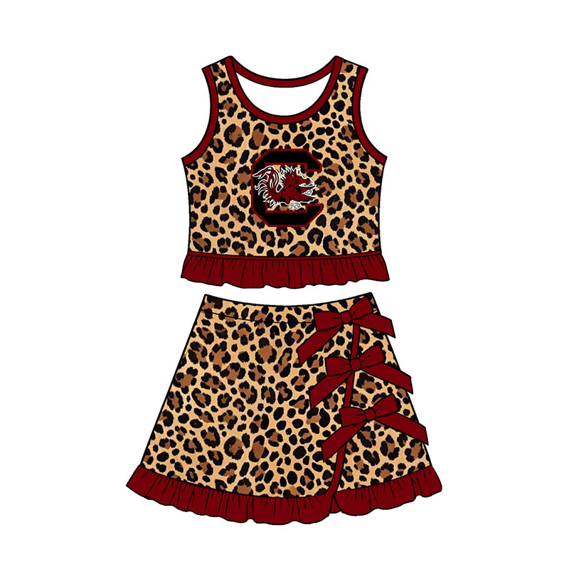Preorder (moq 5) Baby Girls Gamecock Leopard Vest Bows Skirt Short Team Clothes Sets