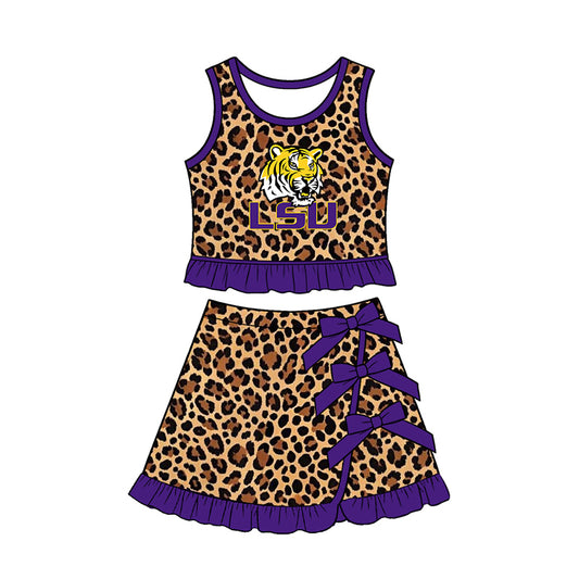 Preorder (moq 5) Baby Girls LSU Leopard Vest Bows Skirt Short Team Clothes Sets