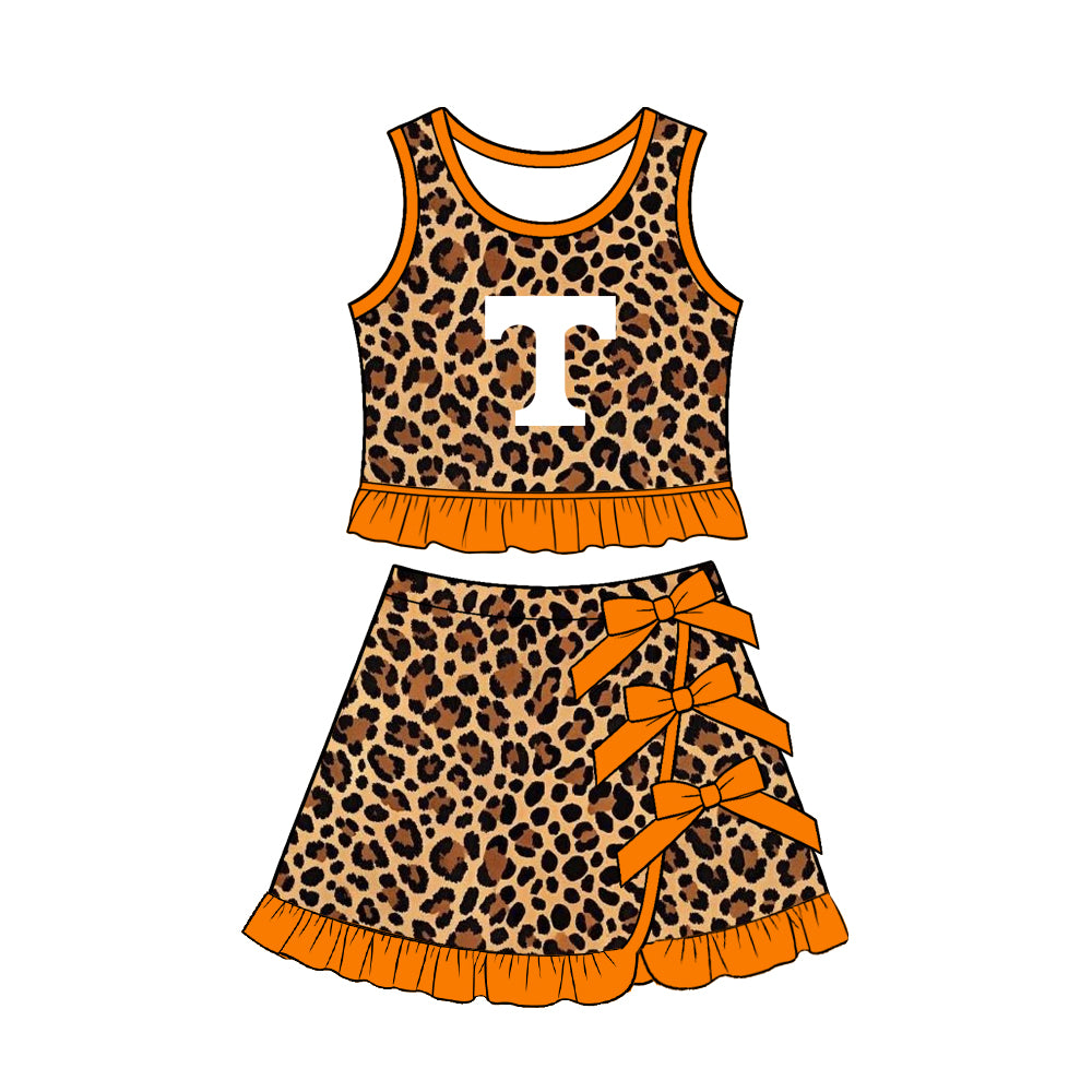 Preorder (moq 5) Baby Girls Tennessee Leopard Vest Bows Skirt Short Team Clothes Sets