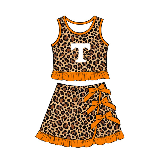 Preorder (moq 5) Baby Girls Tennessee Leopard Vest Bows Skirt Short Team Clothes Sets