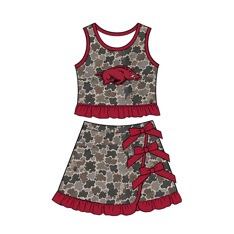 Preorder (moq 5) Baby Girls Arkansas Camouflage Vest Bows Skirt Short Team Clothes Sets