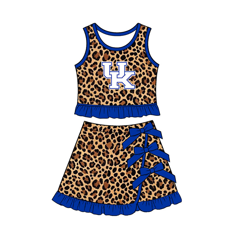 Preorder (moq 5) Baby Girls UK Kentucky Leopard Vest Bows Skirt Short Team Clothes Sets