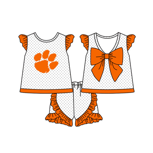 Baby Girls Orange Footprint team Bow Top Shorts Clothes Sets preorder(moq 5)