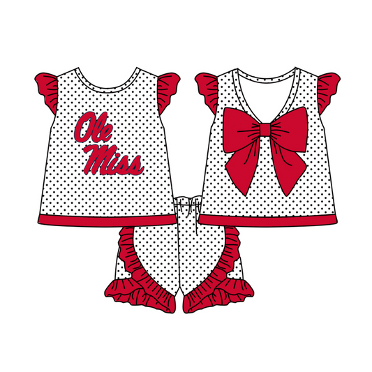 Baby Girls Dots Red Words team Bow Top Shorts Clothes Sets preorder(moq 5)