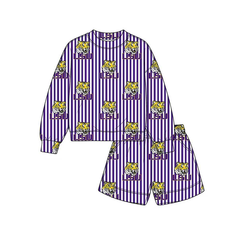 Preorder(moq 5)Baby Boys Long Sleeve LSU Stripes Top Pockets Shorts Team Sets