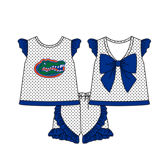 Baby Girls Blue Dots alligator team Bow Top Shorts Clothes Sets preorder(moq 5)