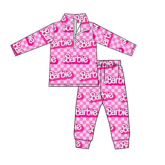 Baby Girls Pink Checkered Doll Zip Top Pants Clothes Sets preorder(moq 5)