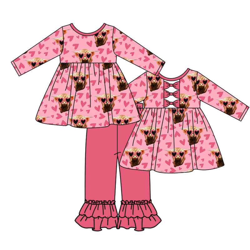 Baby Girls Wetern Highland Cow Hearts Top Ruffle Pants Clothes Sets preorder(moq 5)