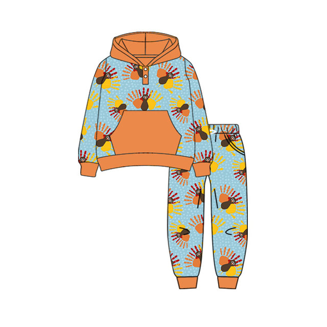 Preorder (moq 5)Baby Boys Long Sleeves Turkey Plaid Pockets Button Hoodies Pant Clothes Set