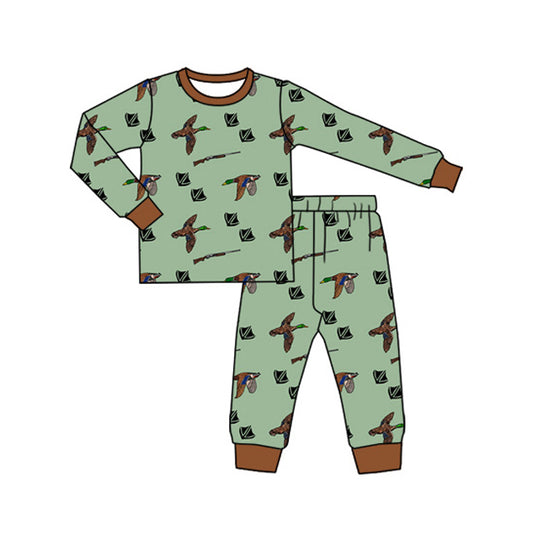 Preorder (moq 5)Baby Boys Long Sleeves Green Ducks Plaid Top Pant Pajamas Clothes Set