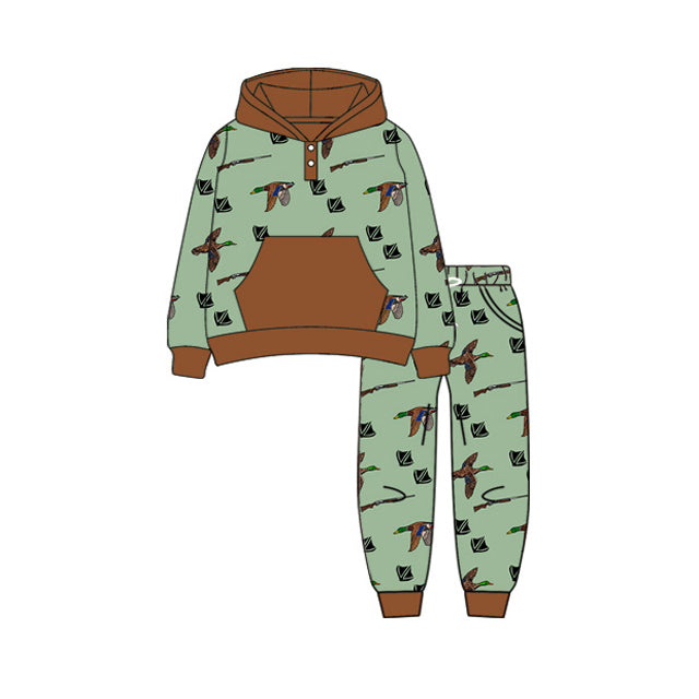 Preorder (moq 5)Baby Boys Long Sleeves Green Ducks Plaid Pockets Button Hoodies Pant Clothes Set