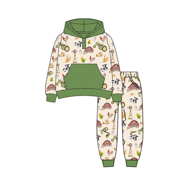 Preorder (moq 5)Baby Boys Long Sleeves Cows Houses Pockets Button Hoodies Pant Clothes Set