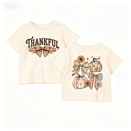 Preorder (moq 5)Baby Girls Short Sleeve Bows Pumpkins Thanksgiving T-shirts Tops