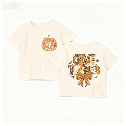 Preorder (moq 5)Baby Girls Short Sleeve Bows Pumpkins Thanksgiving T-shirts Tops
