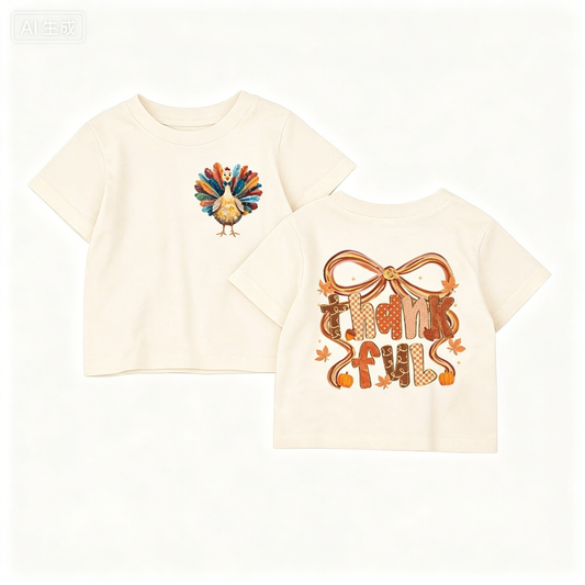 Preorder (moq 5)Baby Girls Short Sleeve Bows Turkey Thanksgiving T-shirts Tops