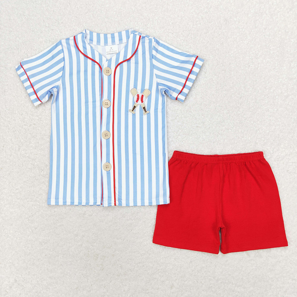 Baby Boys Blue Baseball Stripes Shirt Top Red Shorts Clothes Sets