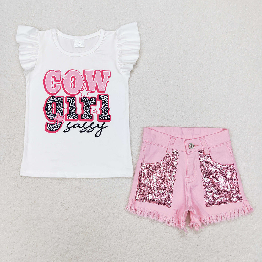 Baby Girls Western Sassy Cowgirl Shirt Pink Sequin Shorts Outfits Sets