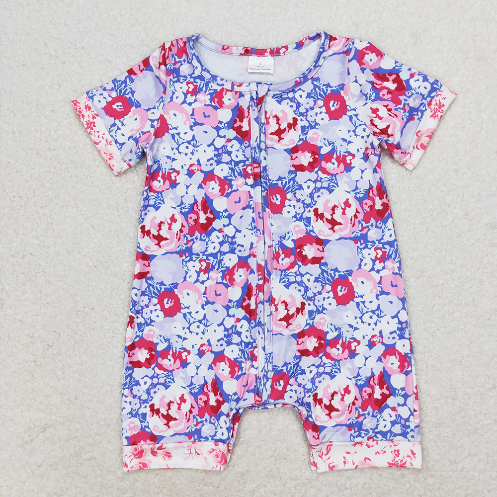 Baby Infant Girls Purple Flowers Zip Short Sleeve Rompers