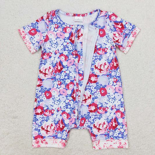 Baby Infant Girls Purple Flowers Zip Short Sleeve Rompers