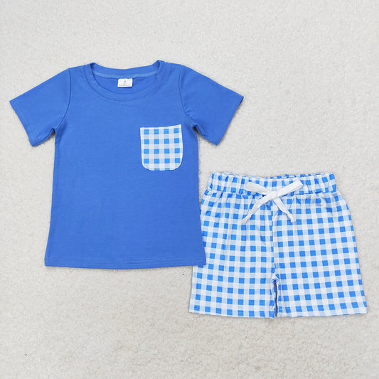 Baby Boys Blue Shirt Top Checkered Pockets Shorts Clothes Sets