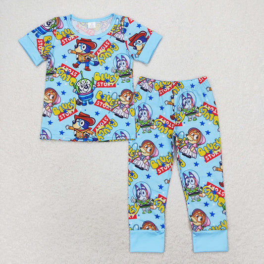Baby Boys Dogs Blue Short Sleeve Shirt Pants Bamboo Pajamas Clothes Sets
