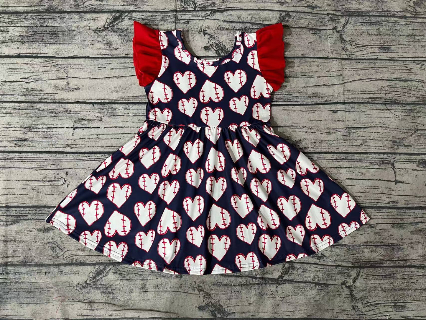 Baby Girls Flutter Sleeve Baseball Red Twirl Knee Length Dresses