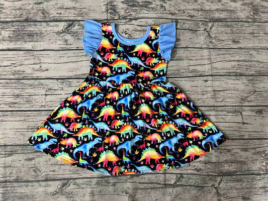 Baby Girls Colorful Dinosaur Flutter Sleeve Twirl Knee Length Dresses