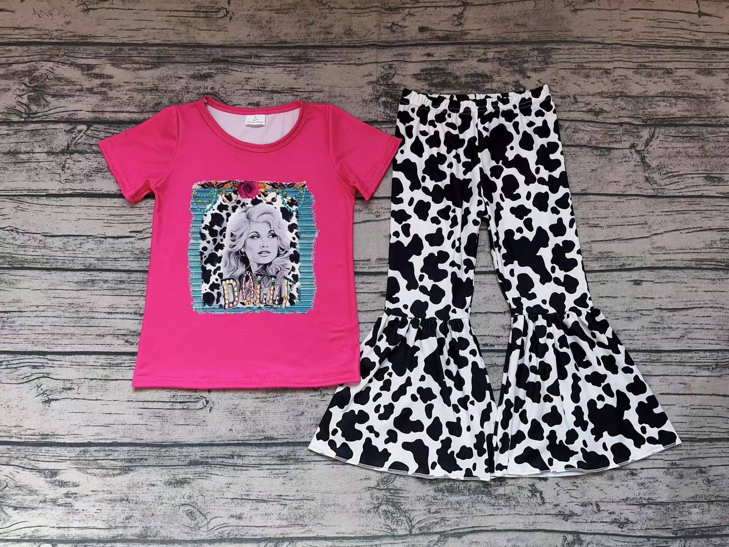 Baby Girls Singer Short Sleeve Top Cow Print Flare Pants Clothes Sets