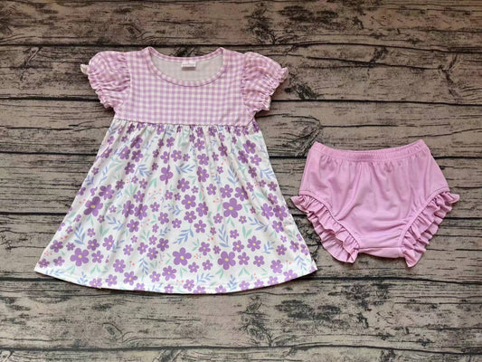 Baby Girls Purple Small Flowers Tunic Bummies Clothes Sets