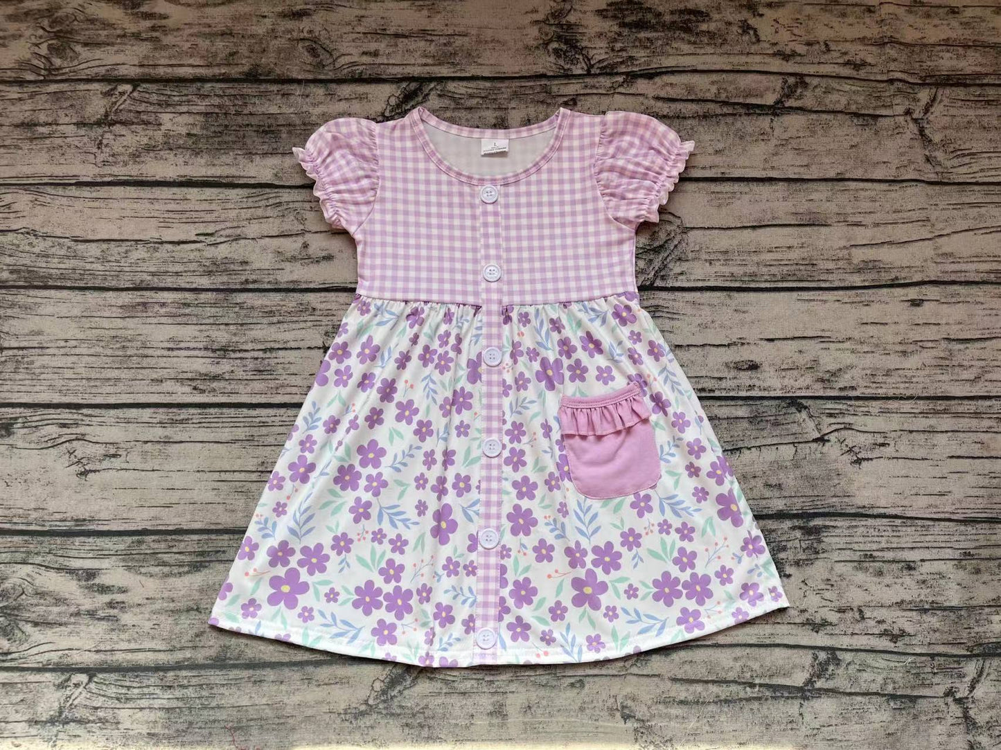 Baby Girls Purple Small Flowers Pockets Knee Length Dresses