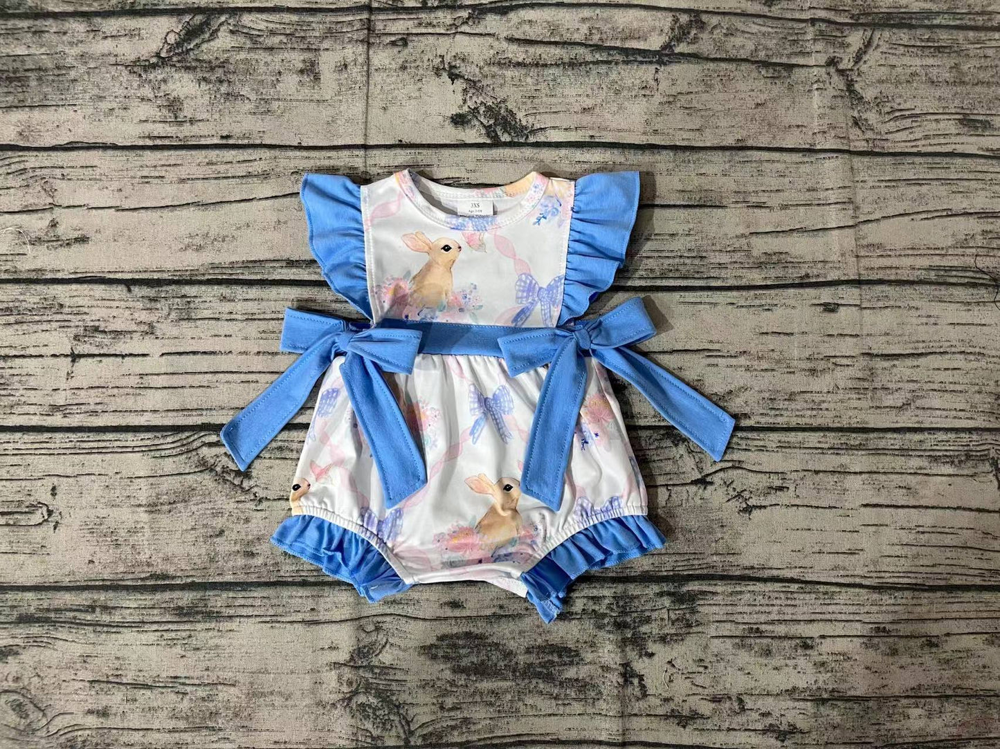 Baby Infant Girls Blue Rabbits Bows Flutter Sleeve Rompers