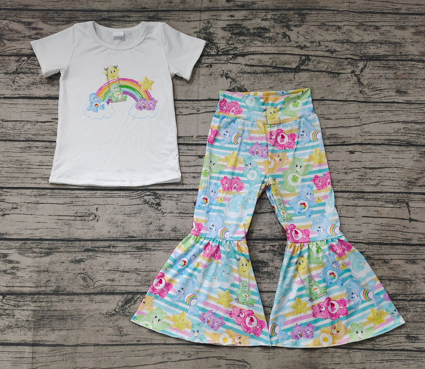 Baby Girls Short Sleeve Rainbow Bears Shirt Bell Pants Clothes Sets