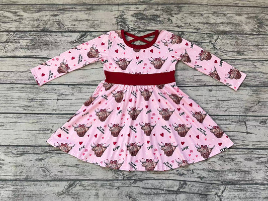 Baby Girls Valentines Western Cow Hearts Long Sleeve Knee Length Dresses