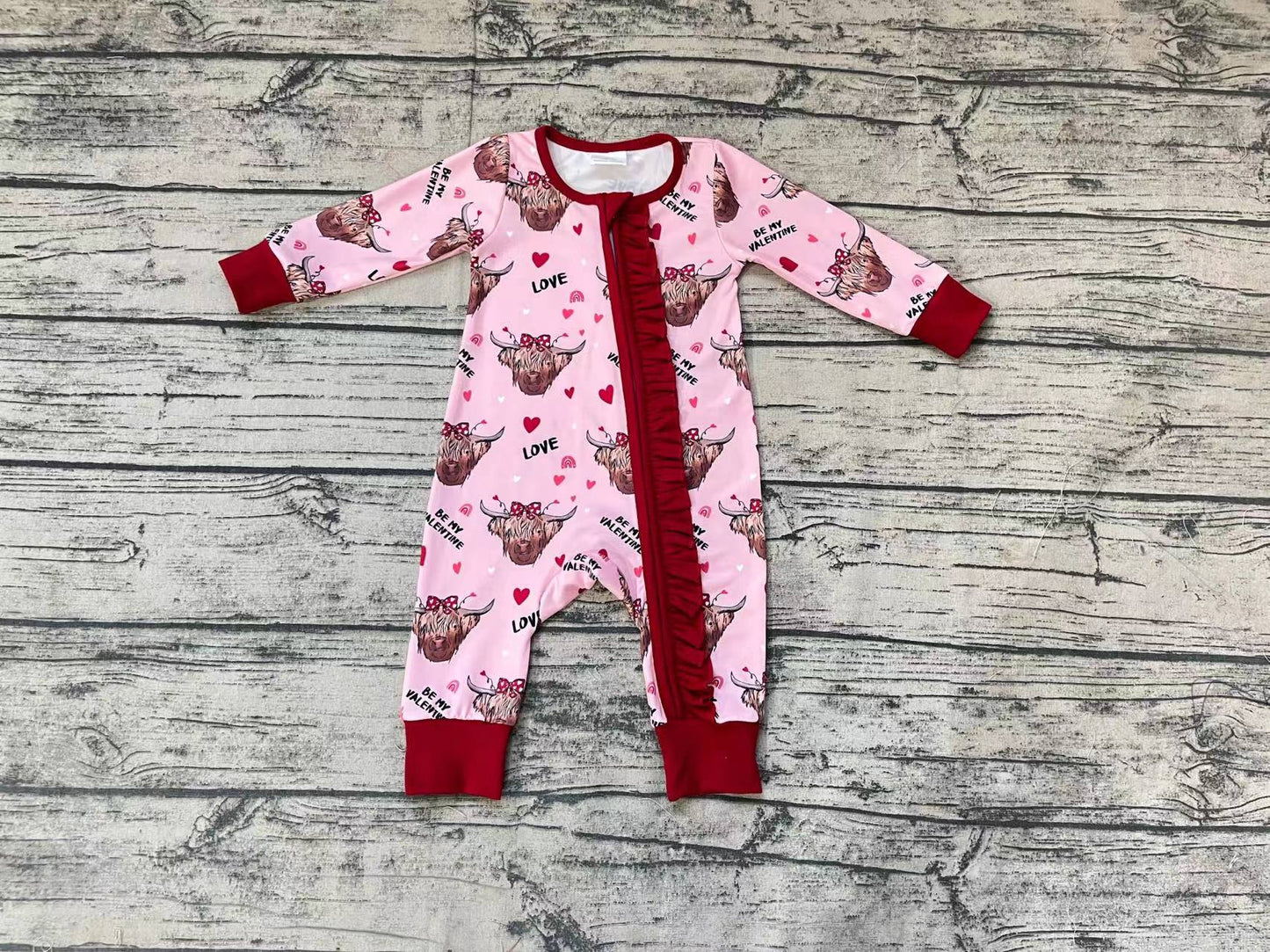 Baby Girls Western Highland Cow Valentines Hearts Zip Rompers