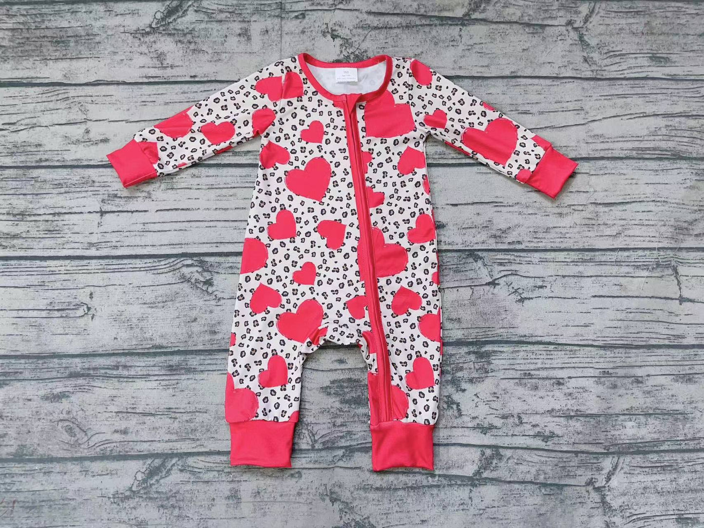 Baby Infant Girls Valentines Hearts Leopard Long Sleeve Zip Rompers