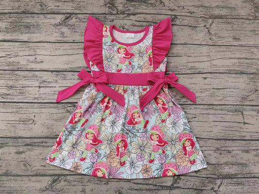 Baby Girls Spring Strawberry Bows Flutter Sleeve Knee Length Dresses