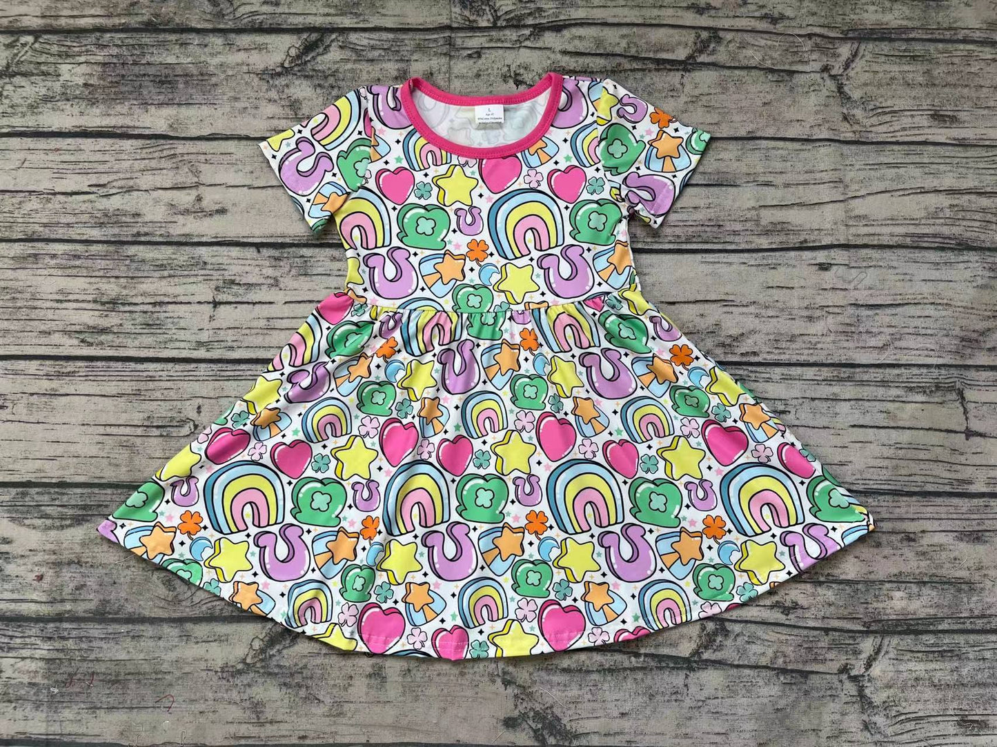 Baby Girls Short Sleeve St Patrick Day Rainbow Knee Length Dresses